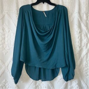Free People Oversized Blue Green Teal Cowl Neck Flowy Blouse Balloon Sleeves Xs
